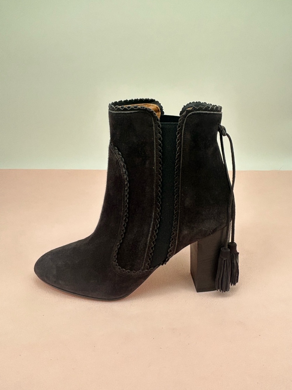 Aquazzura - Tristan Suede Bootie - Black Suede Tassel Luxury Block Heel Boots
